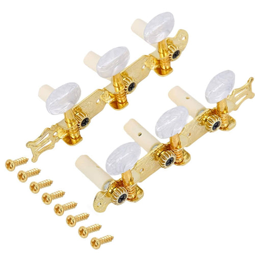 Gold classical guitar tuning pegs with white plastic buttons and mounting screws