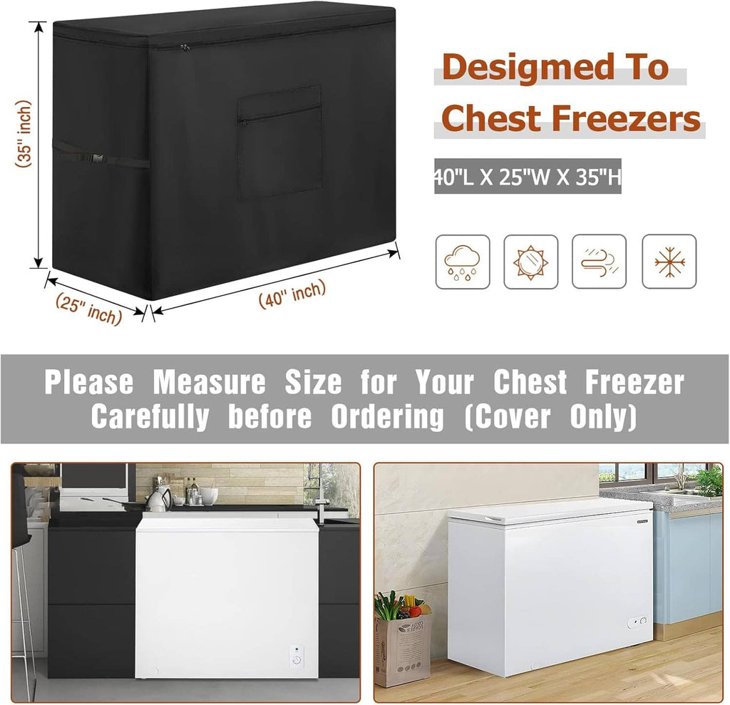 Black waterproof chest freezer cover with zip closure and front storage pocket.
