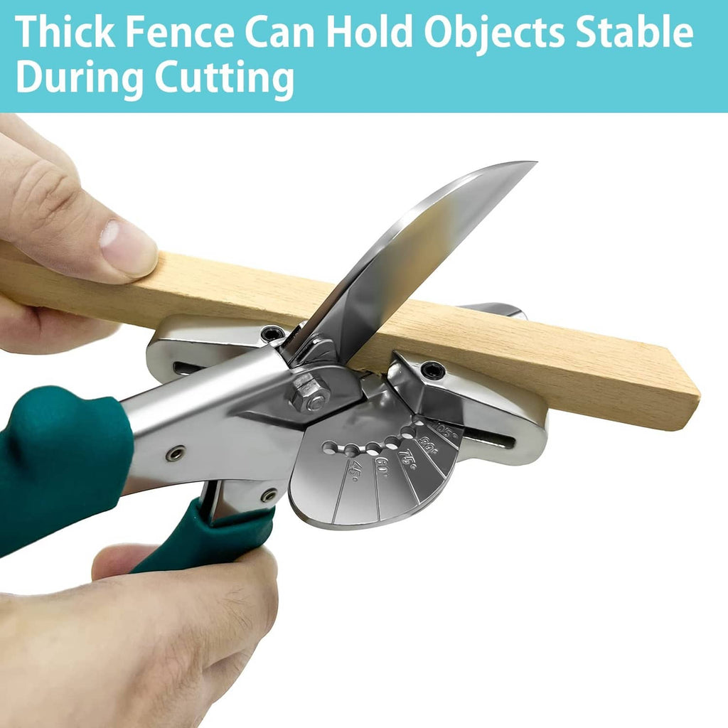 Miter shears cutting a wooden board; silver head with teal grips