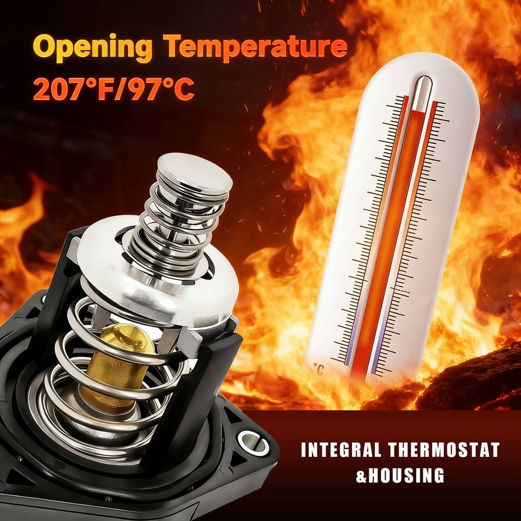 Water pump thermostat and housing with temperature gauge graphic