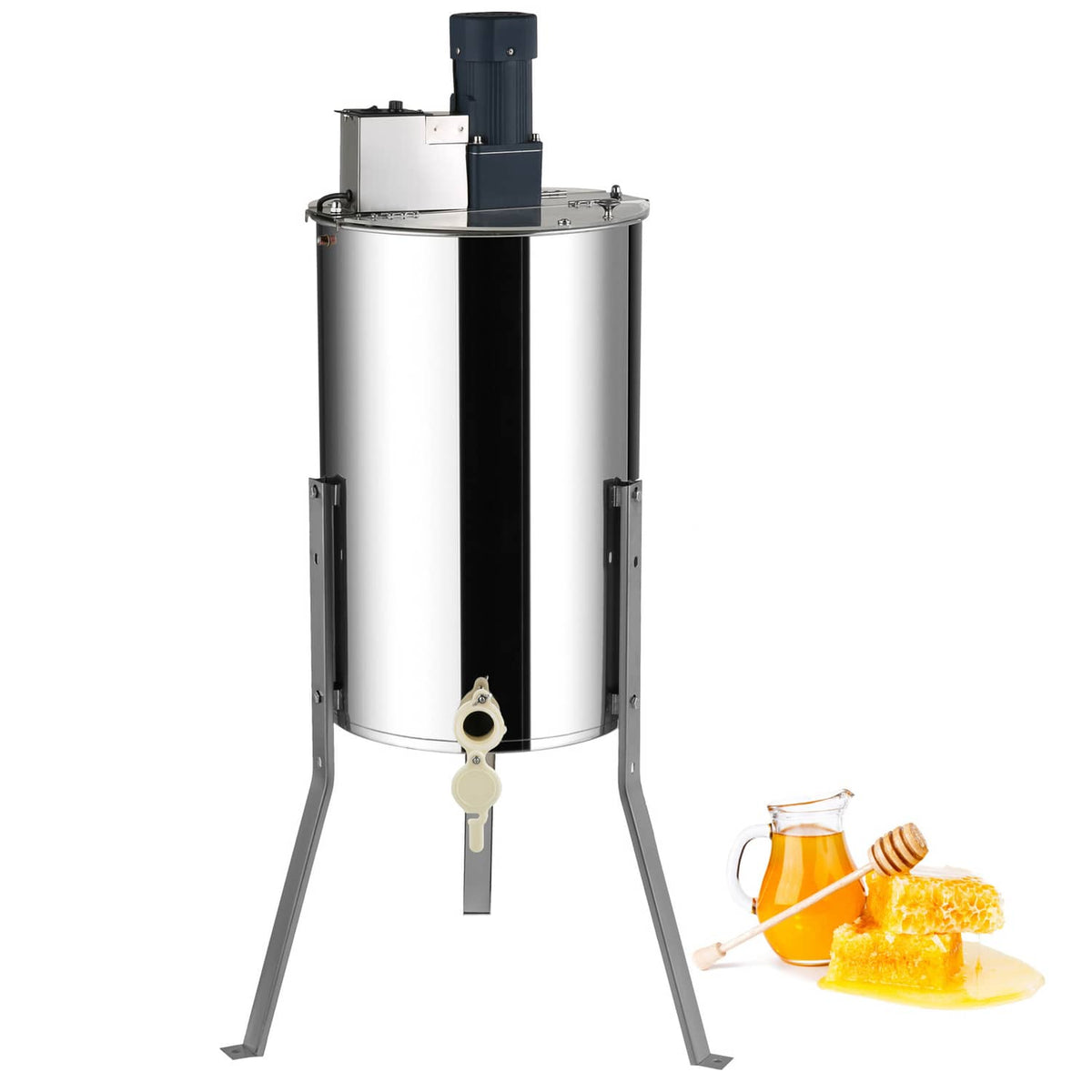 Stainless steel electric honey extractor with stand and honey gate, for 2/4 frames