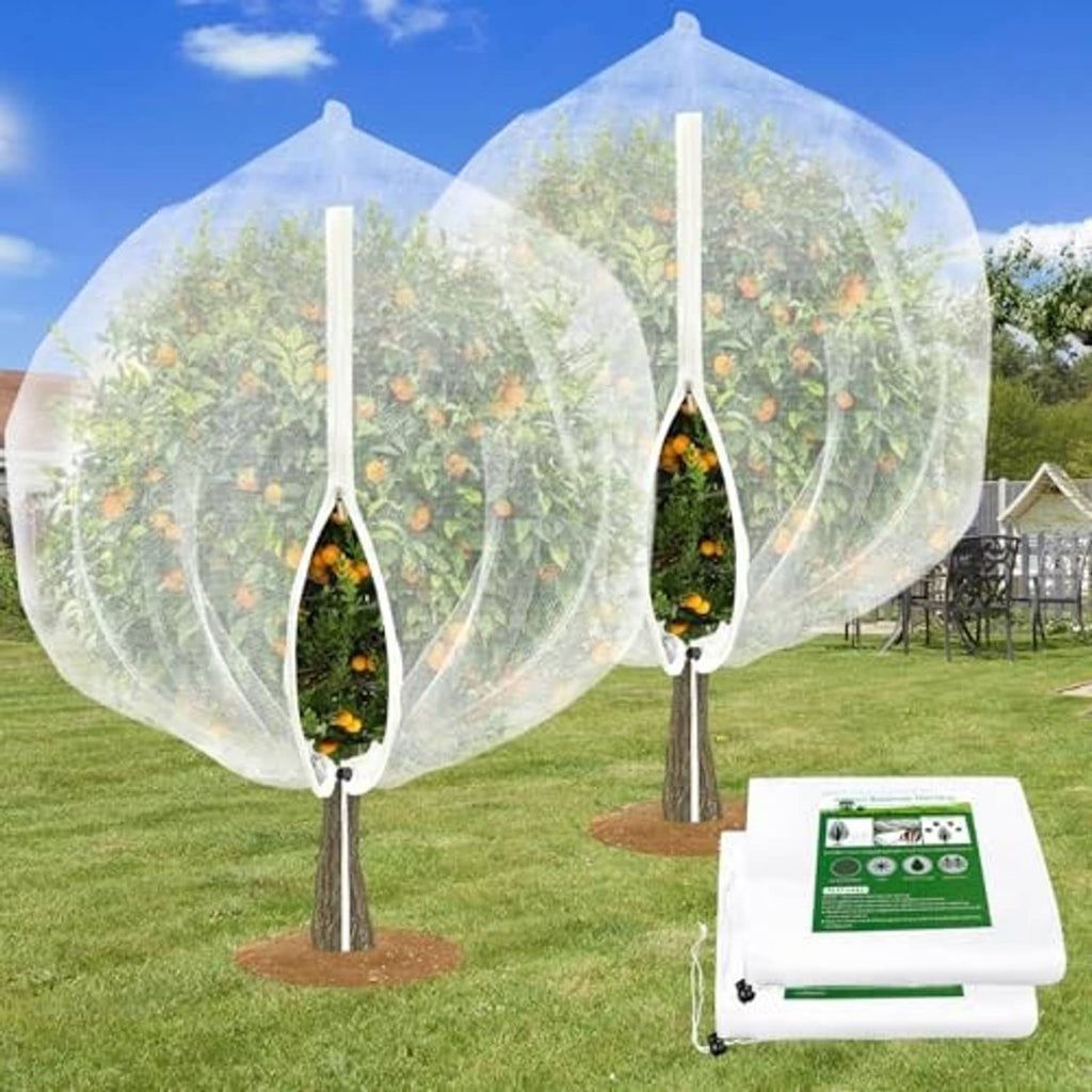 Two fruit tree netting canopies with zipper and drawstring, draped over a tree