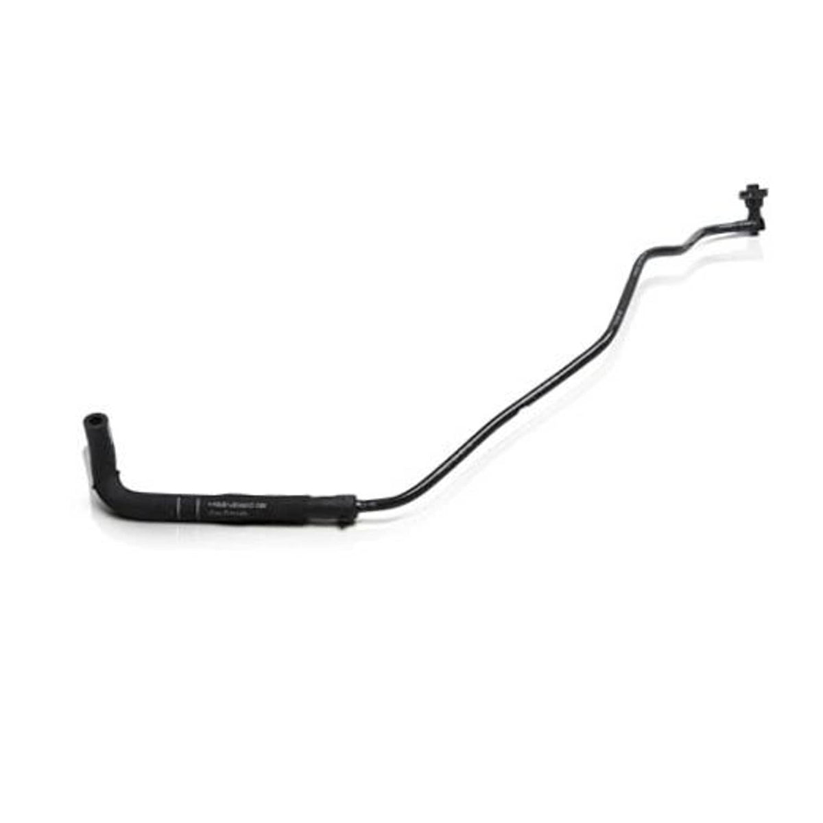 Engine coolant hose assembly with two end fittings, black rubber with molded connector.
