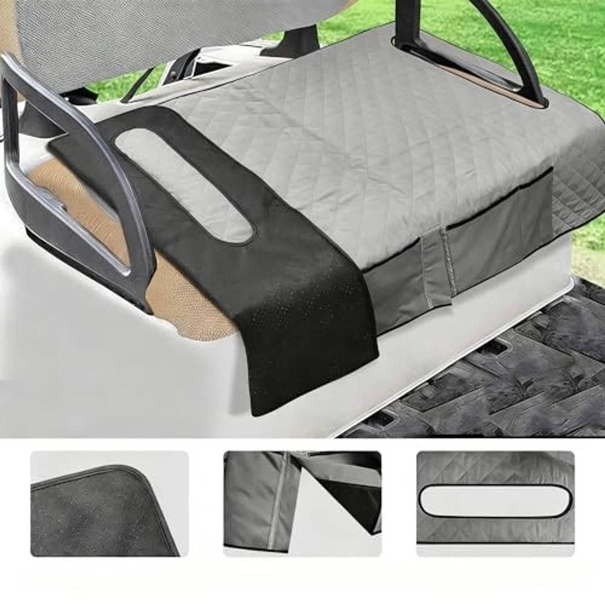 Gray and black golf cart seat cover blanket with quilted texture and front pocket