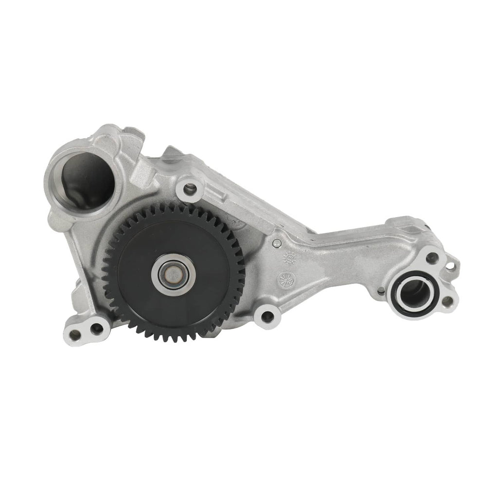 Engine oil pump assembly with black gear wheel and two mounting ports on housing