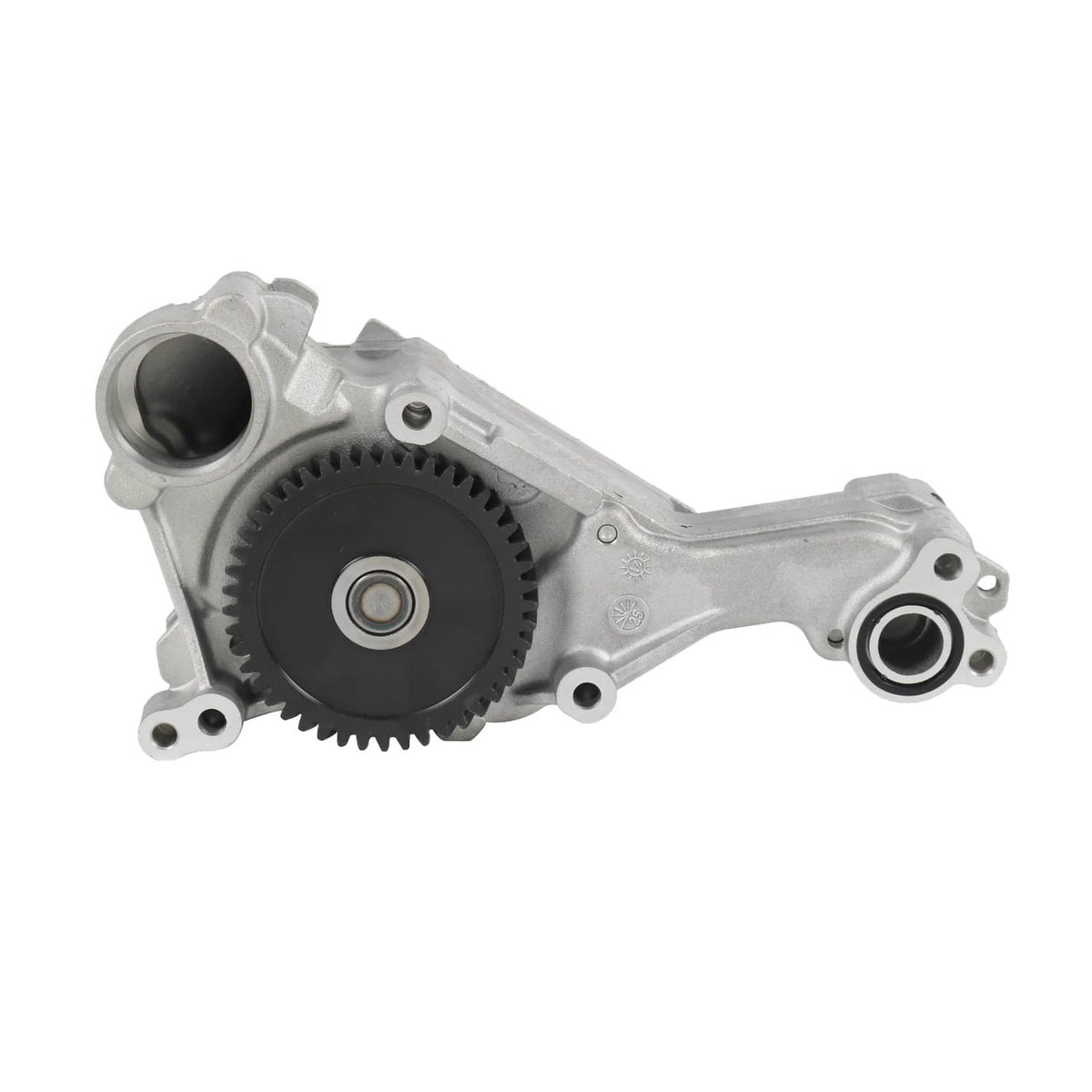 Engine oil pump assembly with black gear wheel and two mounting ports on housing