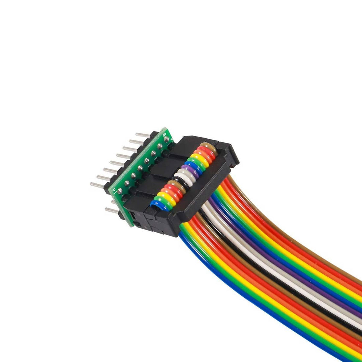 SOIC 16 test clip adapter with green PCB, dual contact rows, and rainbow cable
