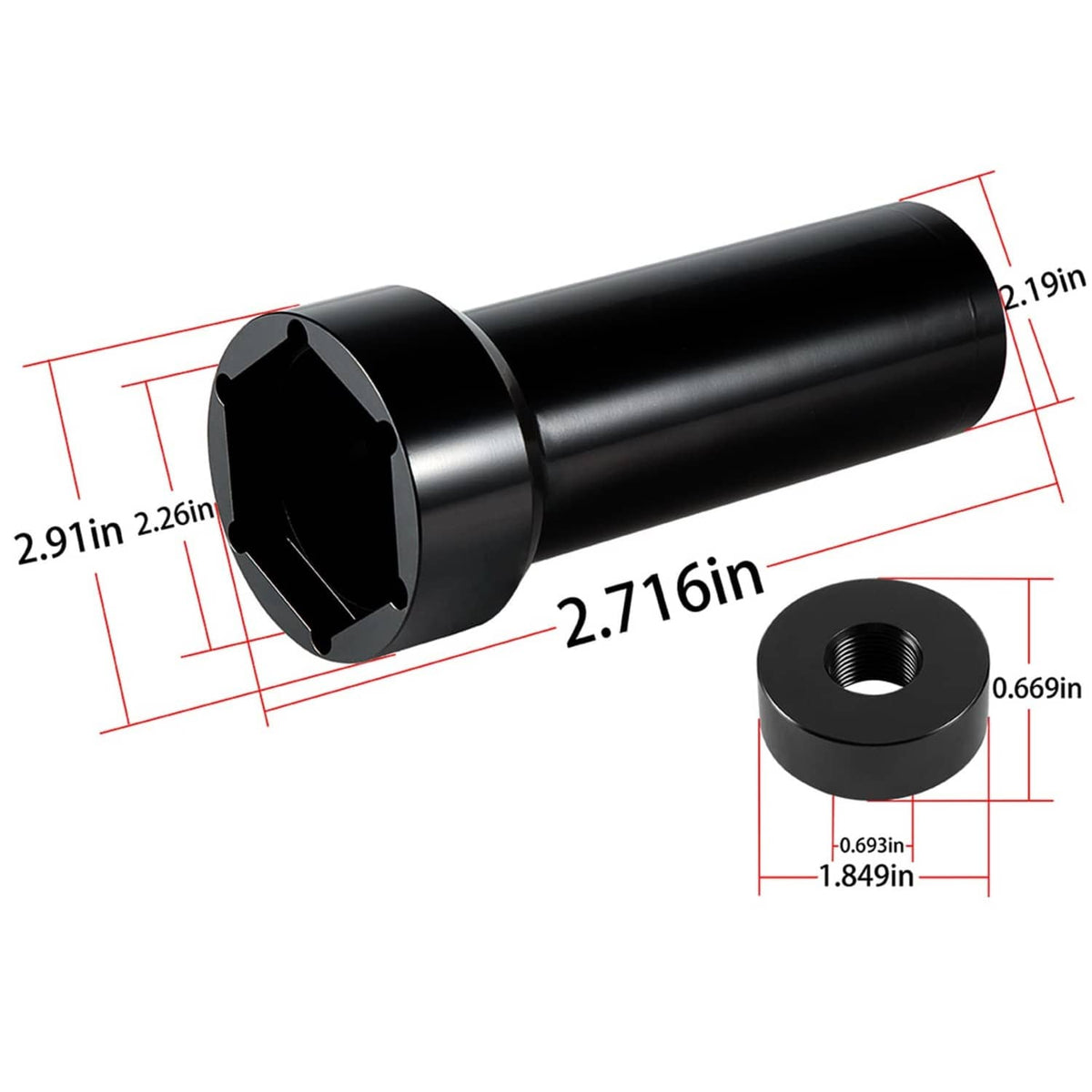 Mainshaft sprocket socket tool with size dimensions shown, black steel tube and cap