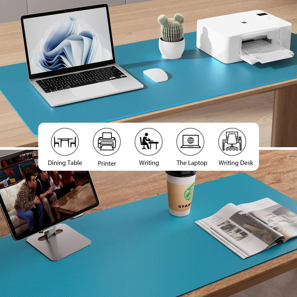 Turquoise leather desk pad protector on a desk with office accessories
