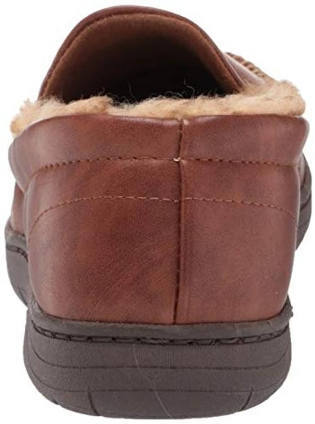 Men's tan suede-look slip-on house shoe heel with padded seam and faux fur lining