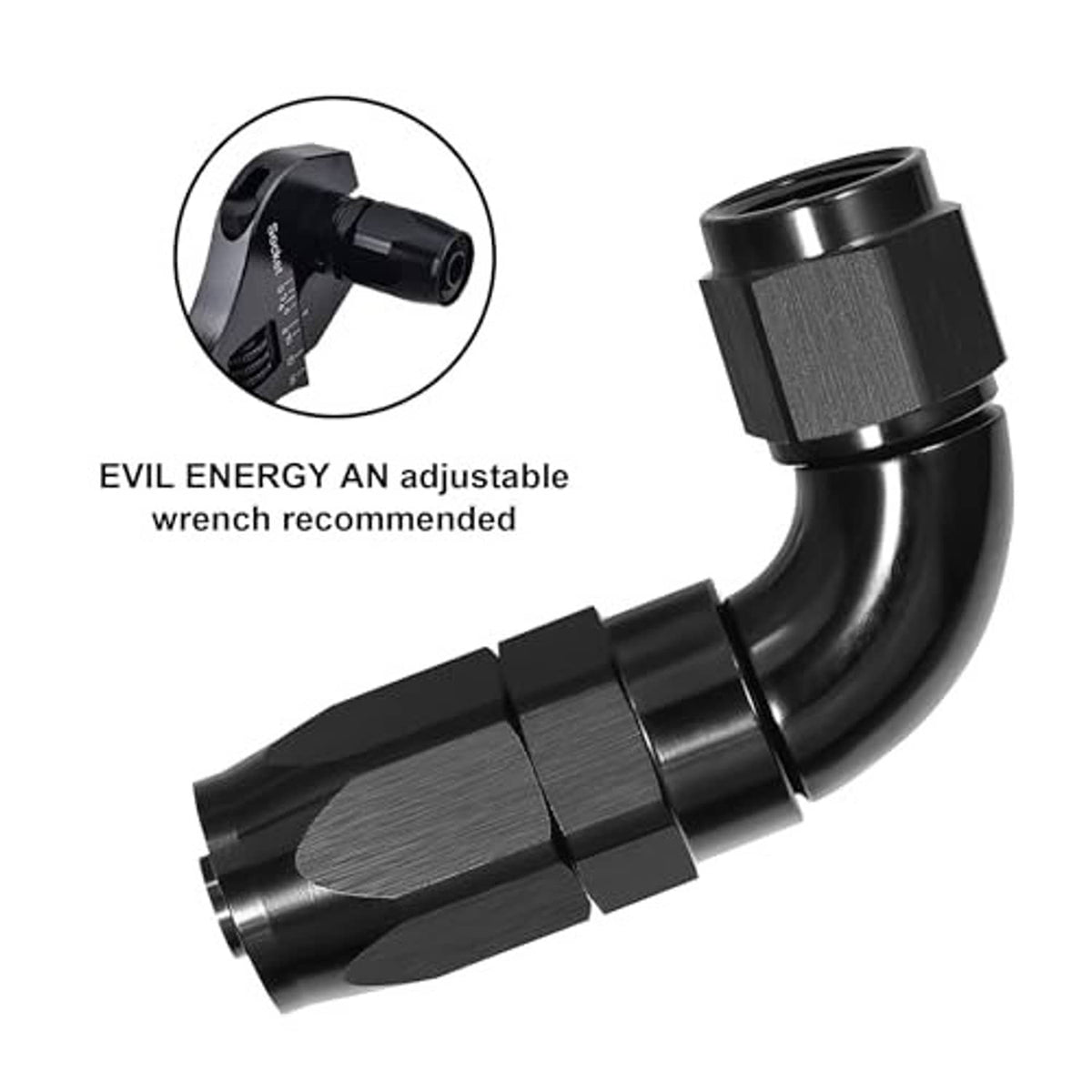 Black 90-degree swivel AN hose elbow fitting with knurled clamp and thread ports