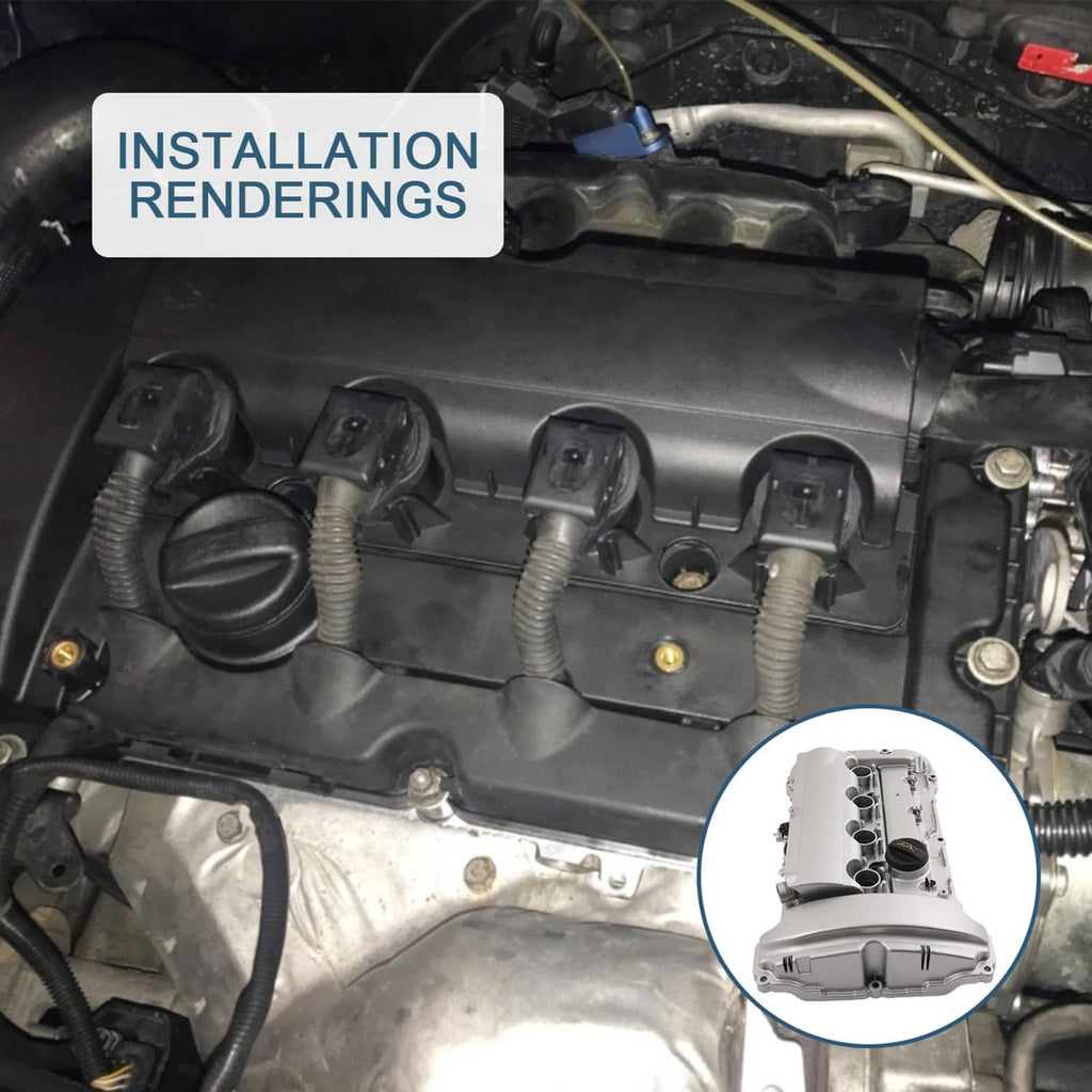 Engine bay valve cover area with gasket; inset shows silver aluminum valve cover