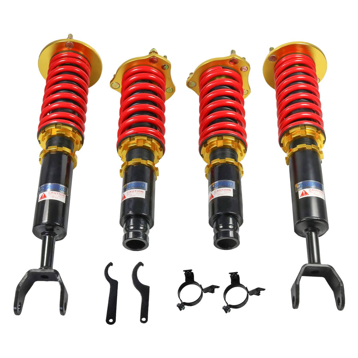 Coilover strut kit set of 4 with red springs, black shocks, gold upper mounts and hardware