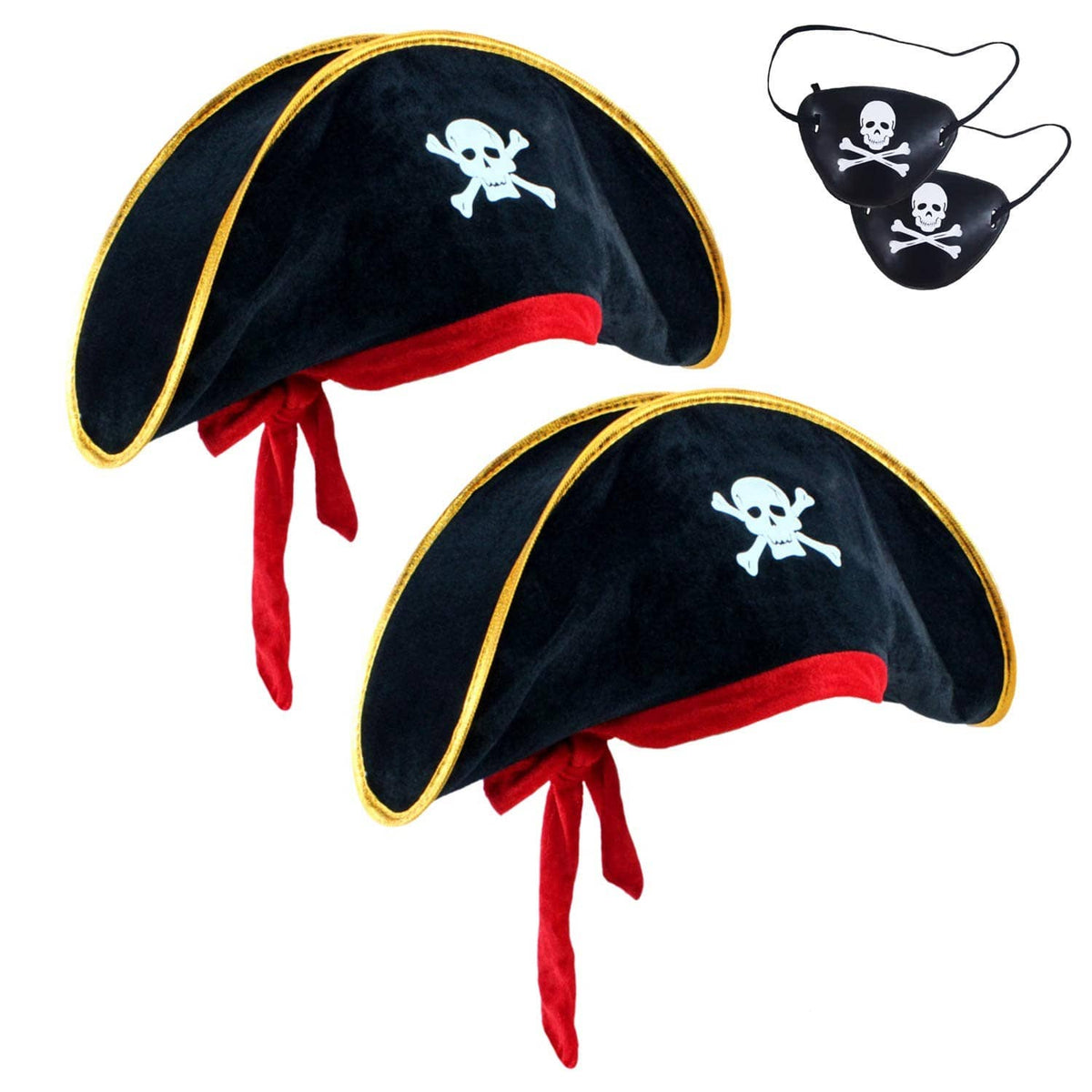 Pirate tricorn hat in dark fabric with white skull print, gold trim, red band and ties