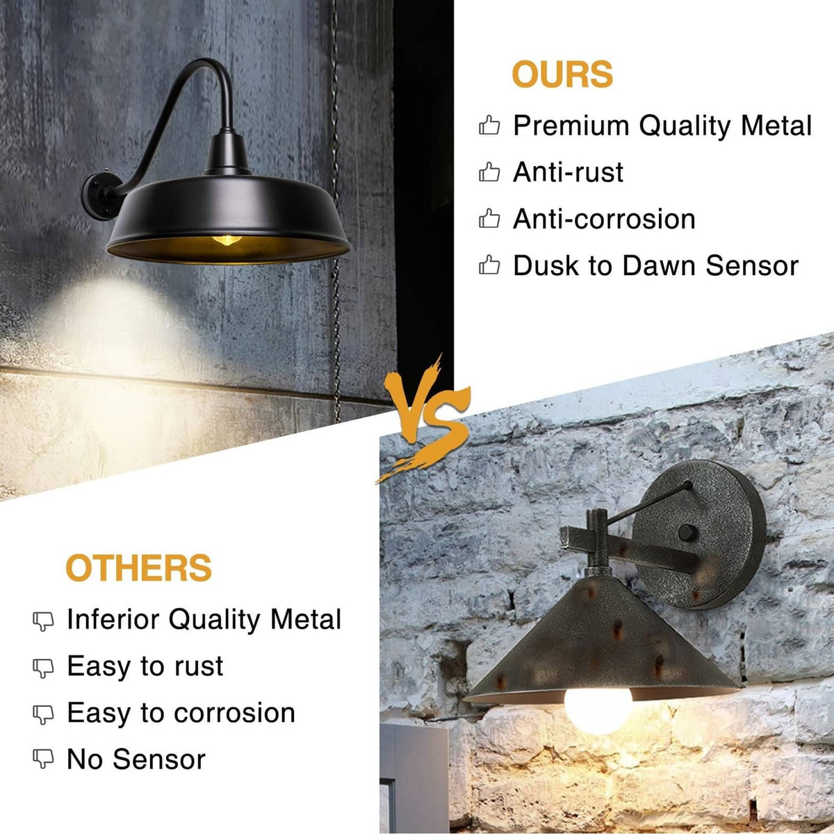 Black outdoor barn light with gooseneck arm on wall, includes dusk-to-dawn sensor