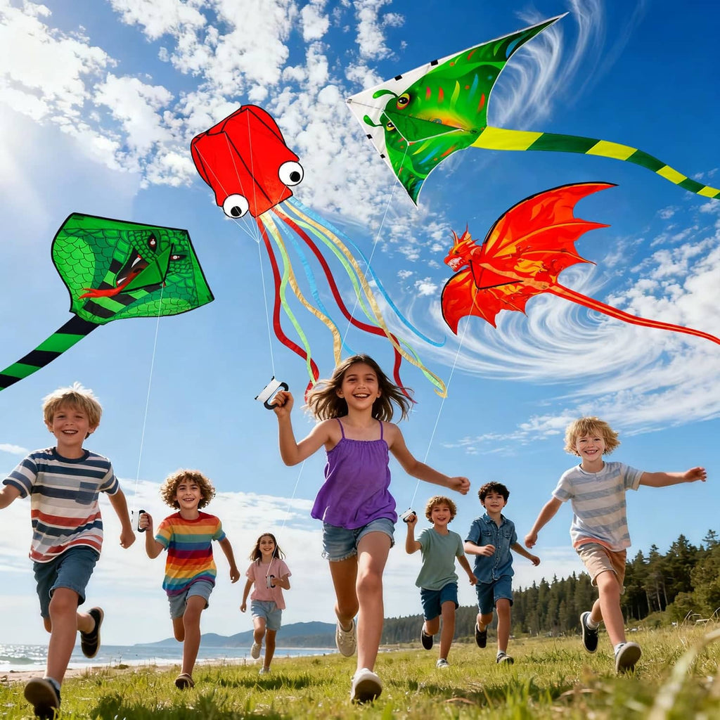 Multi-animal kite set with red octopus, green fish, and orange flame dragon designs
