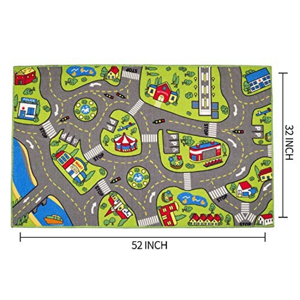 Kids city playmat rug, 52 x 33 inch size shown with colorful roads and landmarks layout