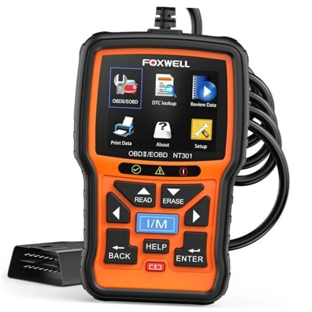 Handheld OBD2 diagnostic scanner with orange casing and lit screen, buttons visible