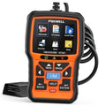 Handheld OBD2 diagnostic scanner with orange casing and lit screen, buttons visible