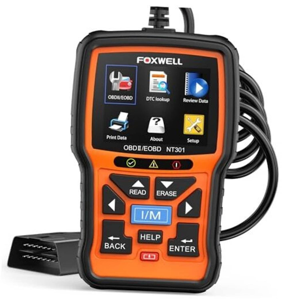 Handheld OBD2 diagnostic scanner with orange casing and lit screen, buttons visible