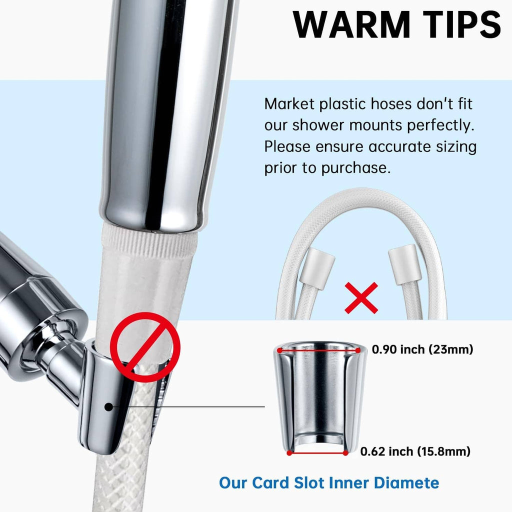 Metal shower head holder with hose connector and slot clearance view, chrome