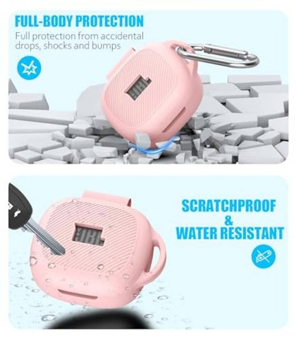 Pink earbud case cover shown with protection and water-resistant design features