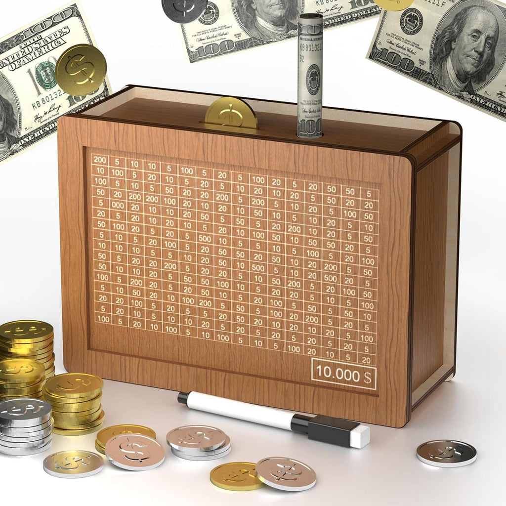 Wooden cash-vault savings box with side view of top slot and coin assortment
