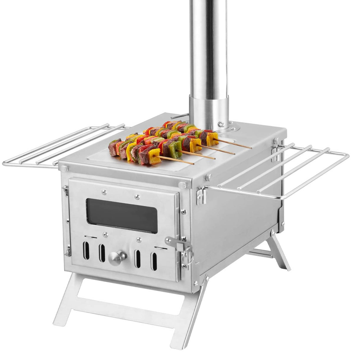 Portable wood stove with chimney pipe and grilling skewers on top rack, silver metal