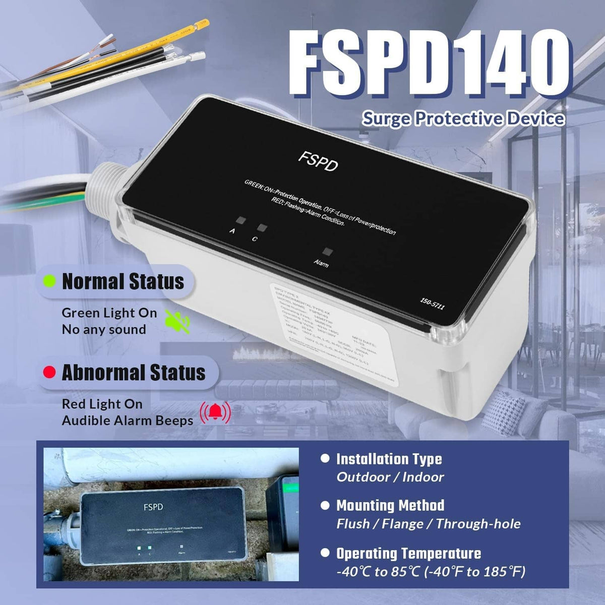 Surge protective device with black front face, white enclosure, and status indicator LEDs