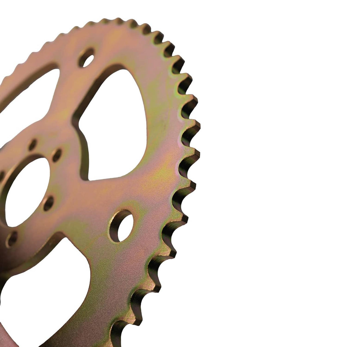 Close-up of rear chain sprocket teeth and mounting holes on zinc-plated steel