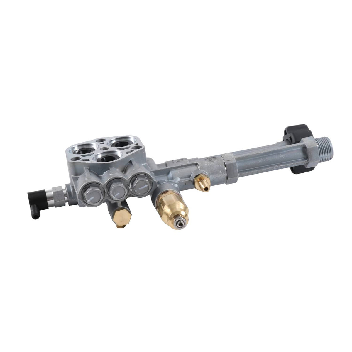 Pump head assembly with valve head, brass fittings, and threaded hose connections