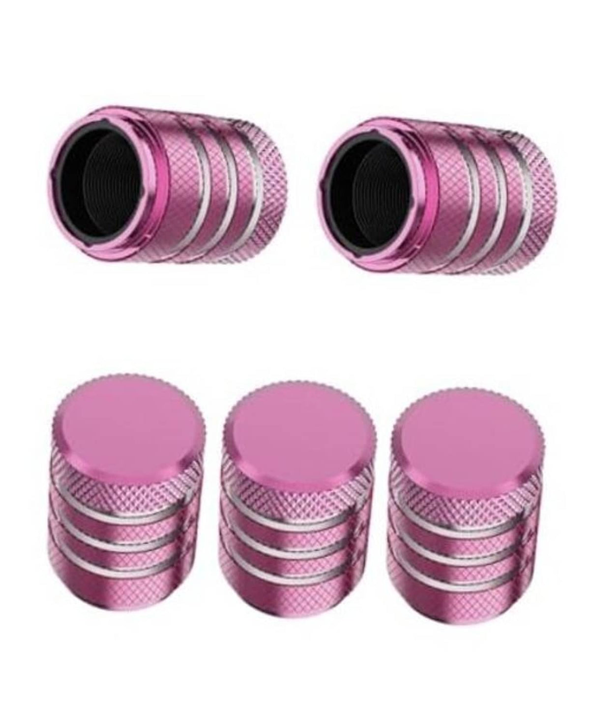 Pink metal tire valve stem cap covers, ribbed sides with black inner, 2 caps