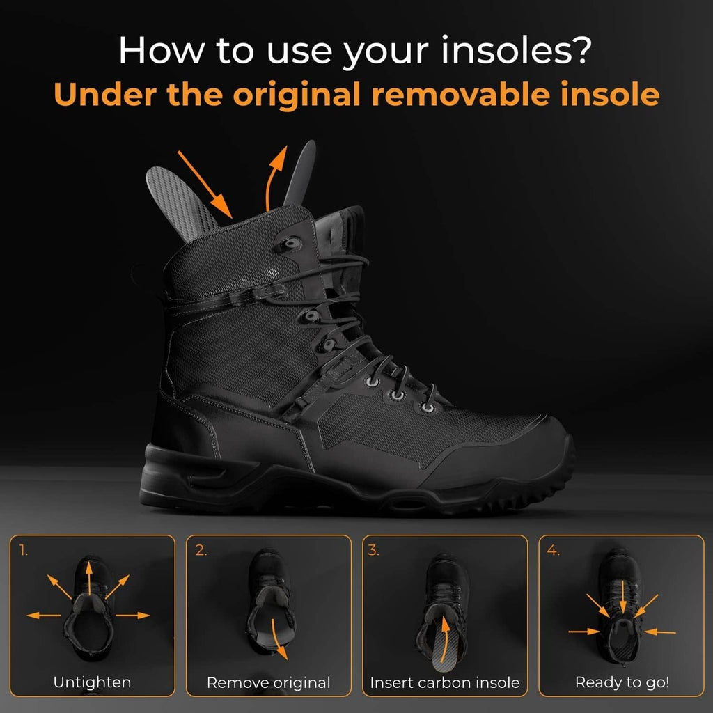 Carbon fiber insole insert being placed into a boot, visible underfoot support