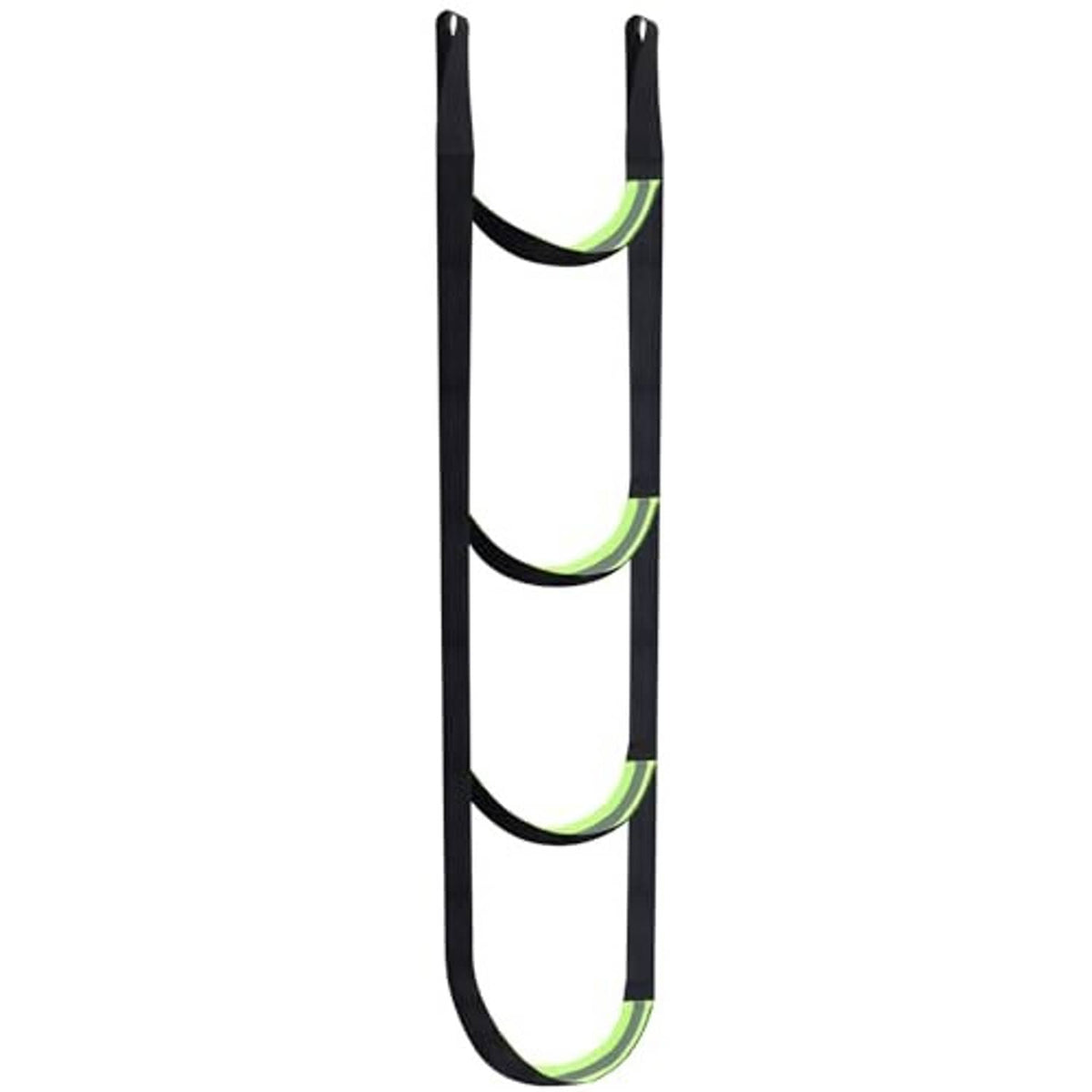 Climbing ladder-style aider with multiple U-shaped steps, black webbing and neon-green trim.