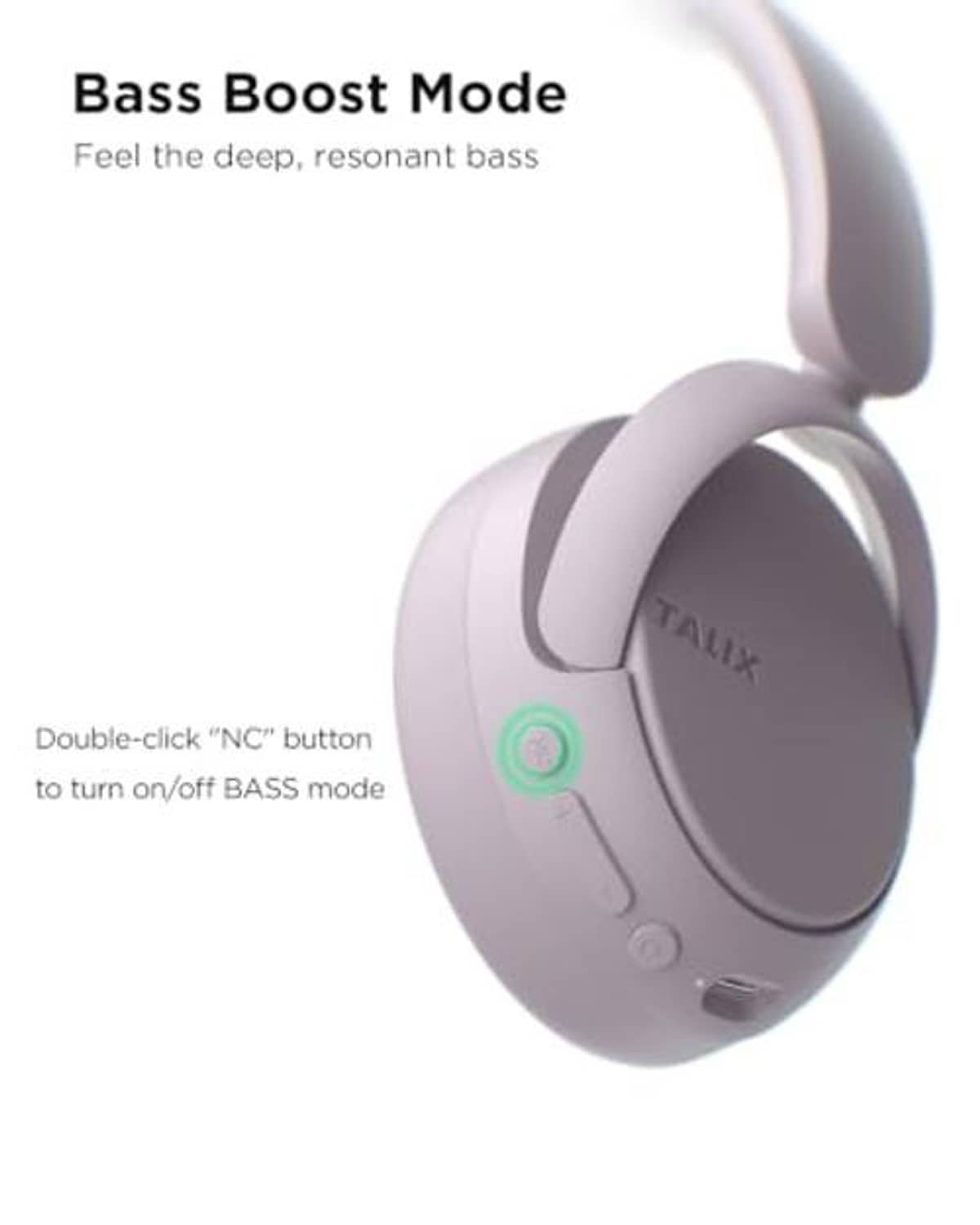 Purple Taix headphones with bass boost mode button on outer earcup