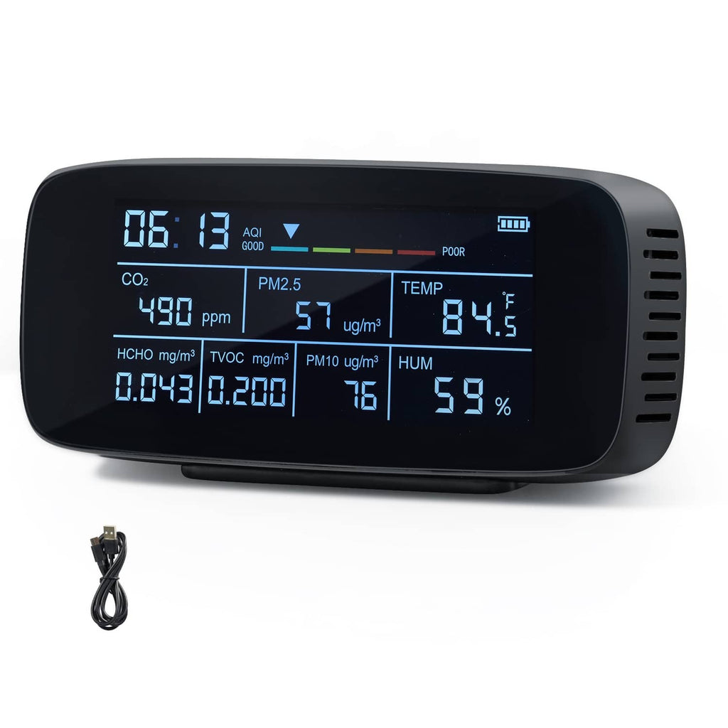Air quality monitor with blue LCD screen showing CO2, PM2.5, TVOC, humidity, AQI readings