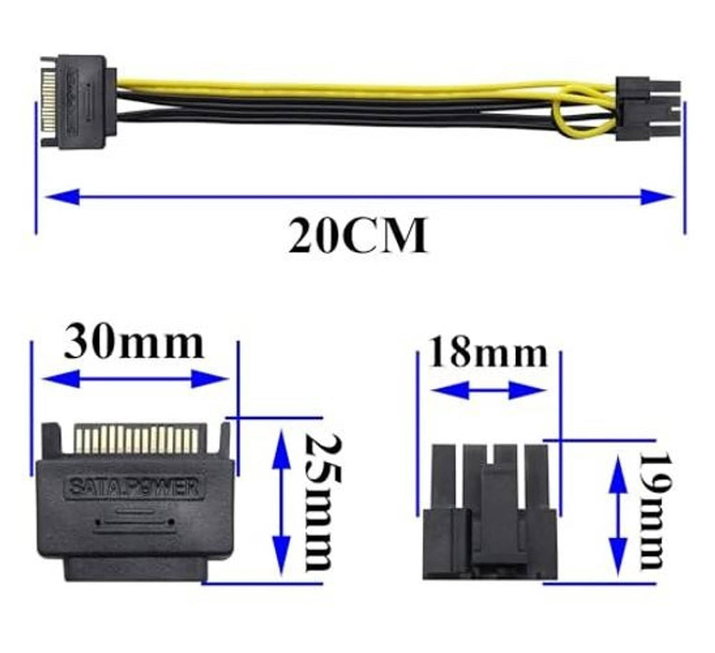 SATA 15-pin male and PCIe 8-pin (6+2) male power connectors on 20cm cable