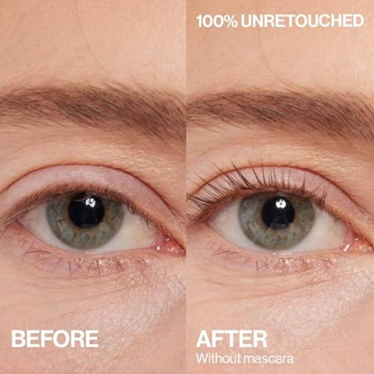 Curled eyelashes on eye close-up with natural, mascara-free look