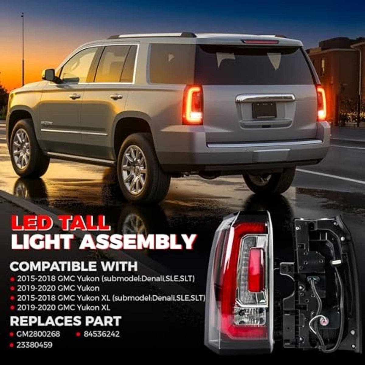 Left tail light assembly on vehicle, red lens with clear reflector sections in chrome housing.