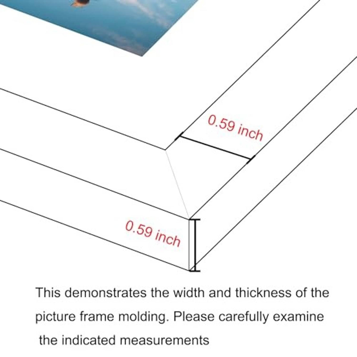 Picture frame corner showing molding dimensions, 0.59 inch width and thickness.