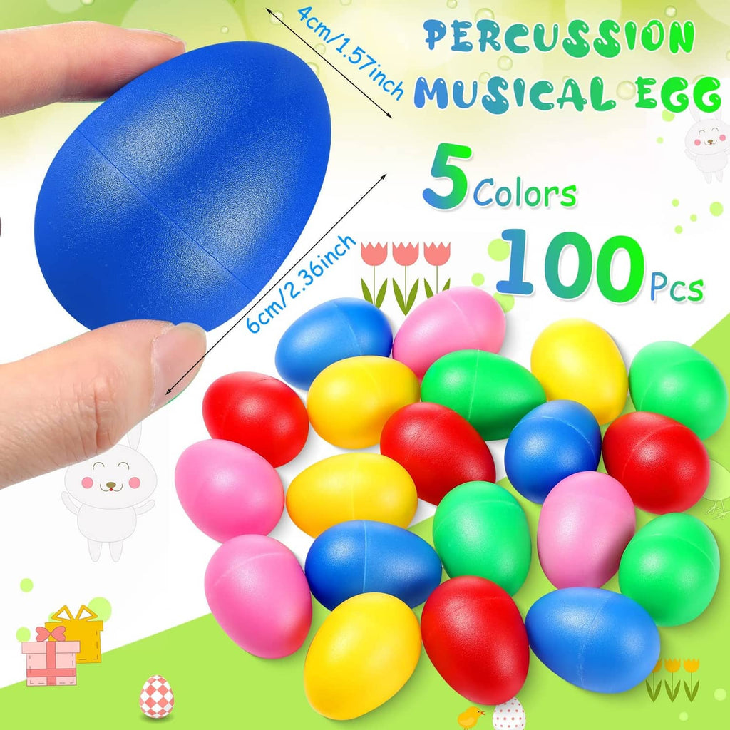 Assorted plastic egg shakers in red, blue, green, yellow, and pink held in hands