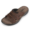 Dark brown leather slide sandal with open toe and cushioned sole