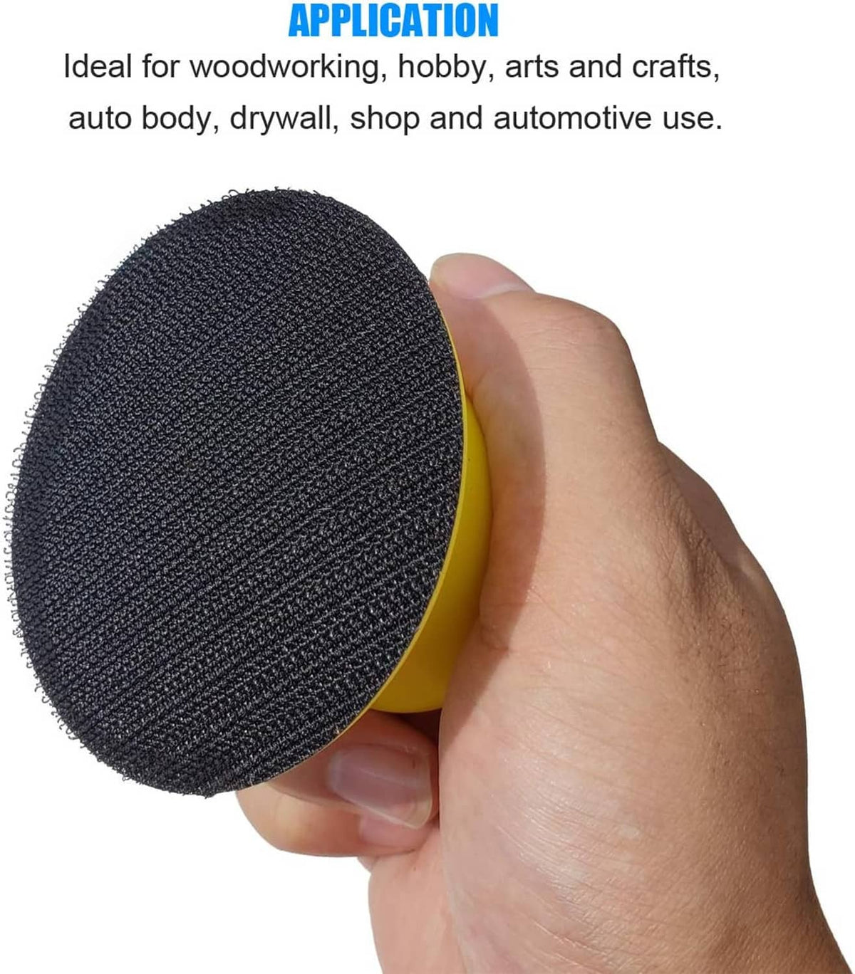 3-inch round sanding block with yellow rubber edge and black abrasive hook pad