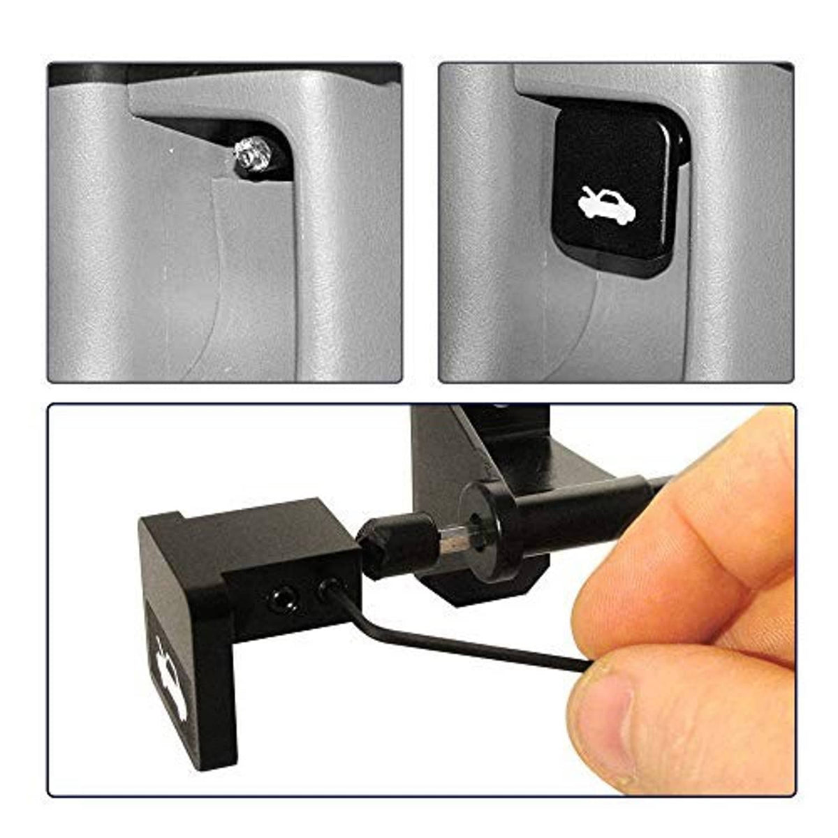 Black hood latch release handle with bracket and cable release rod, shown in close-up