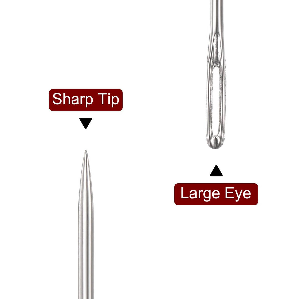 Large-eye upholstery needle with sharp tip and elongated eye
