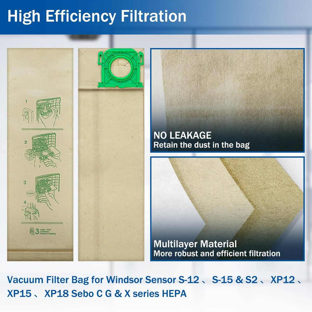 Beige vacuum filter bag with green frame and multi-layer filtration close-up