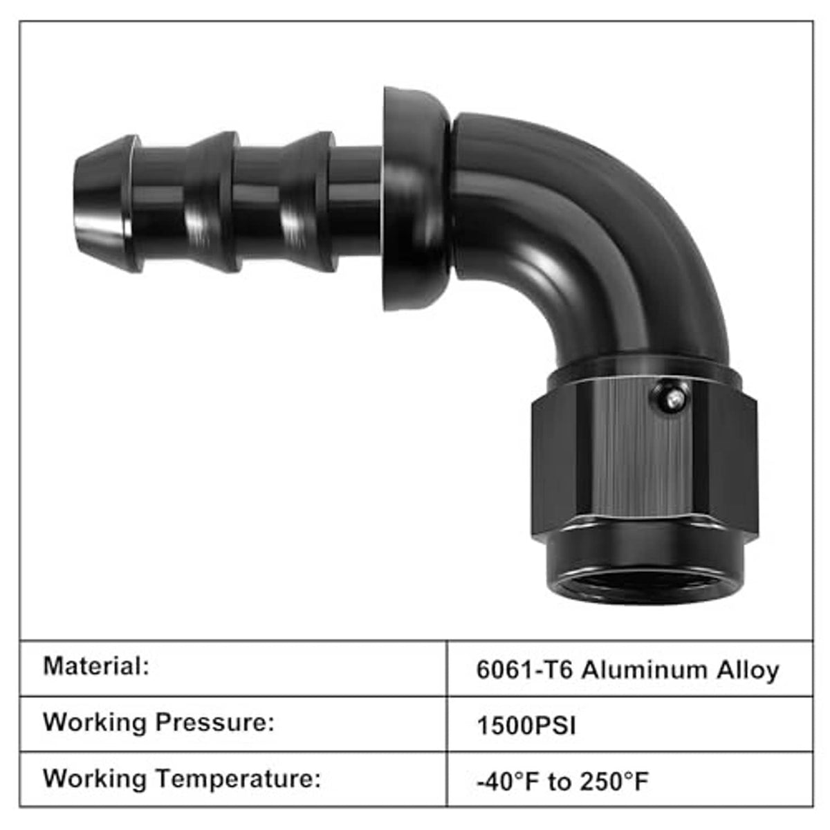 90-degree hose end fitting; 6061-T6 aluminum, 1500 PSI, black finish