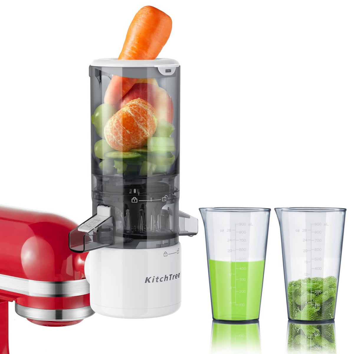 KITCHTREE large feed chute masticating juicer attachment, white and gray hopper