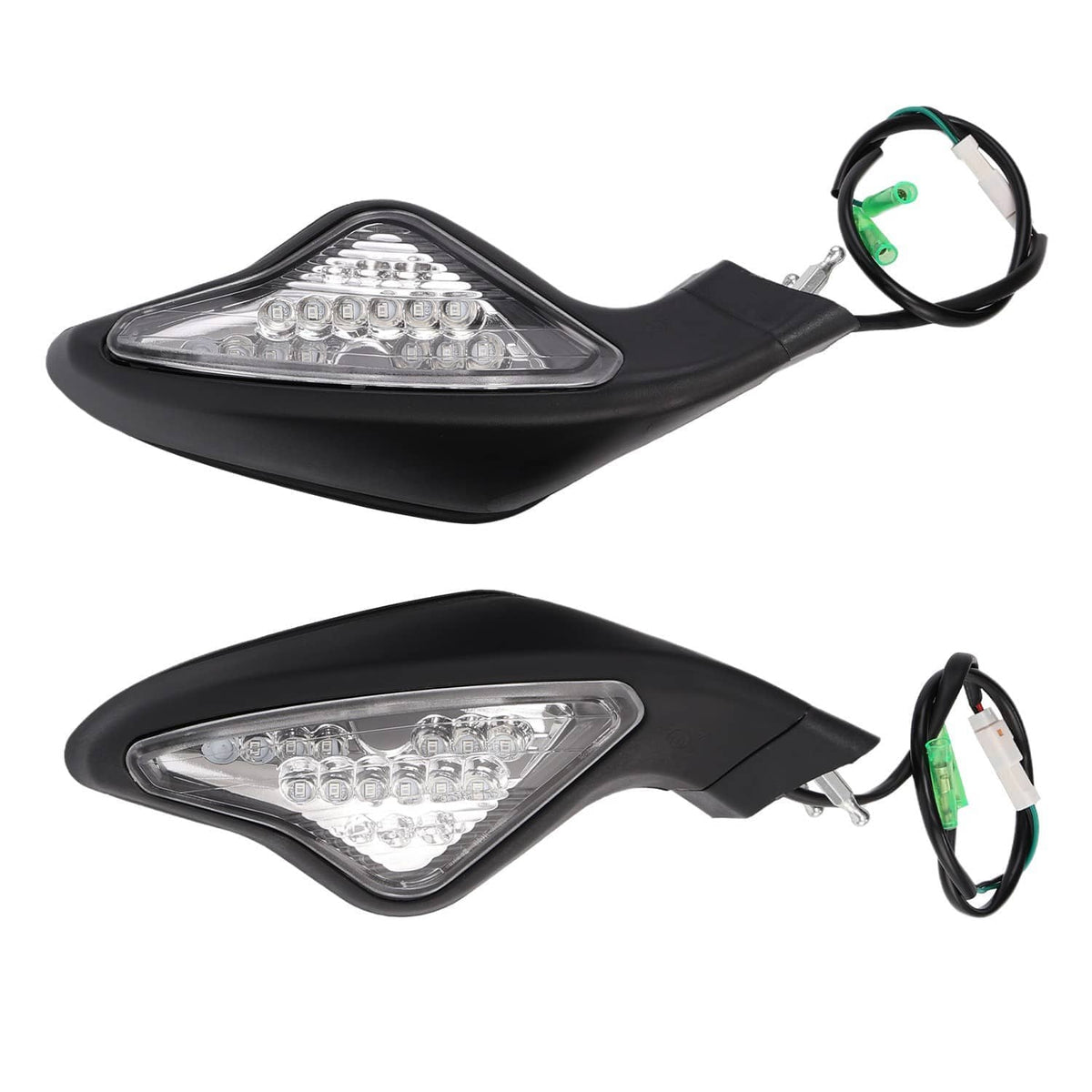 Two black rearview mirrors with clear LED lenses and attached wiring harness