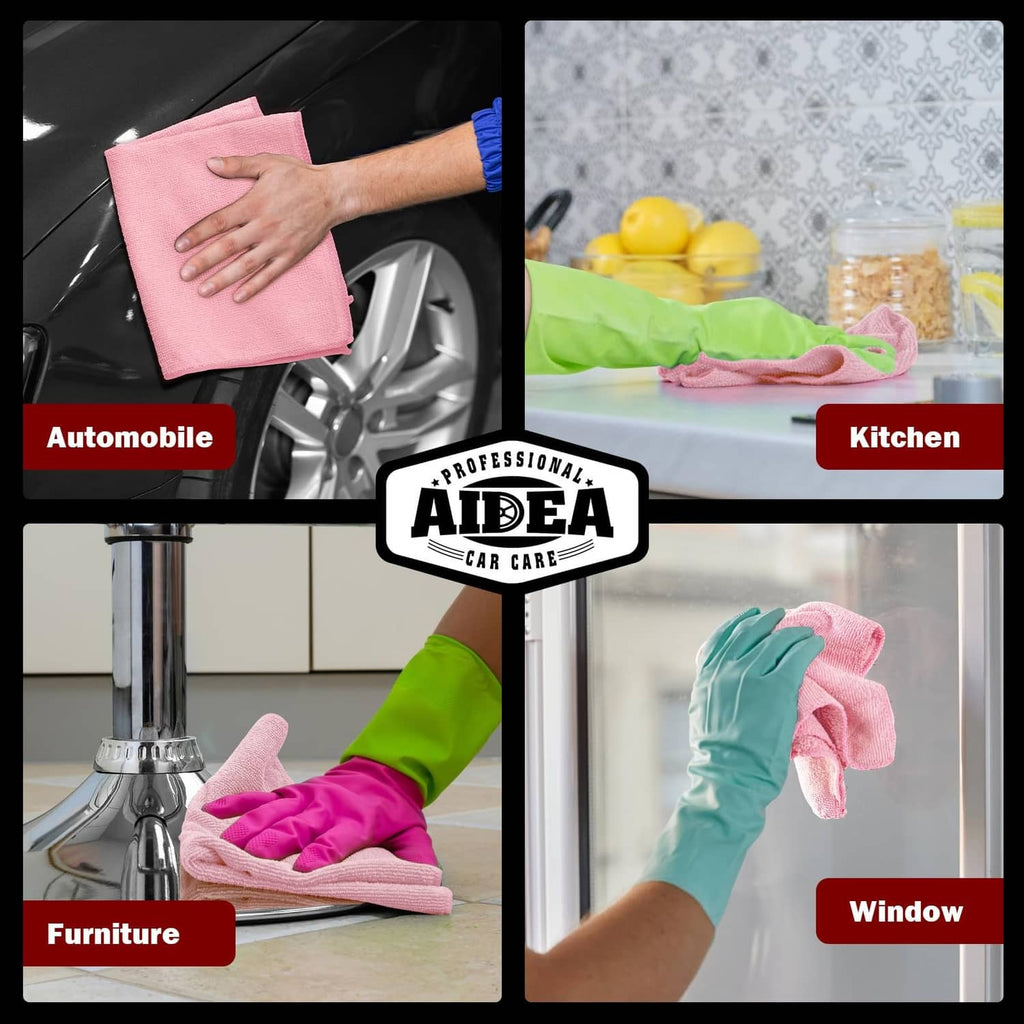 Pink microfiber cleaning cloth used on automotive, kitchen, furniture, and window surfaces
